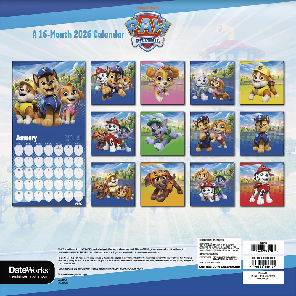 Paw Patrol 2026 Wall Calendar