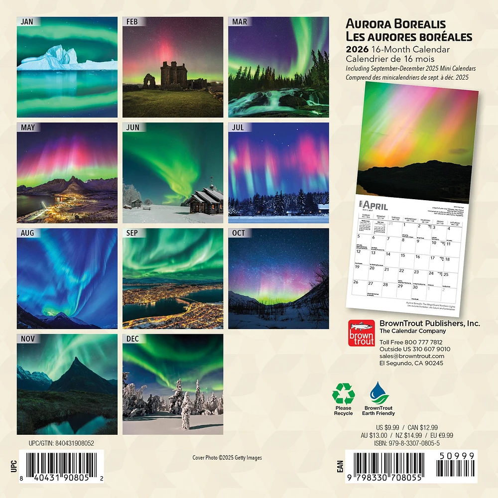 Aurora Borealis - Magnificent Northern Lights Bilingual 2026 Mini Calendar