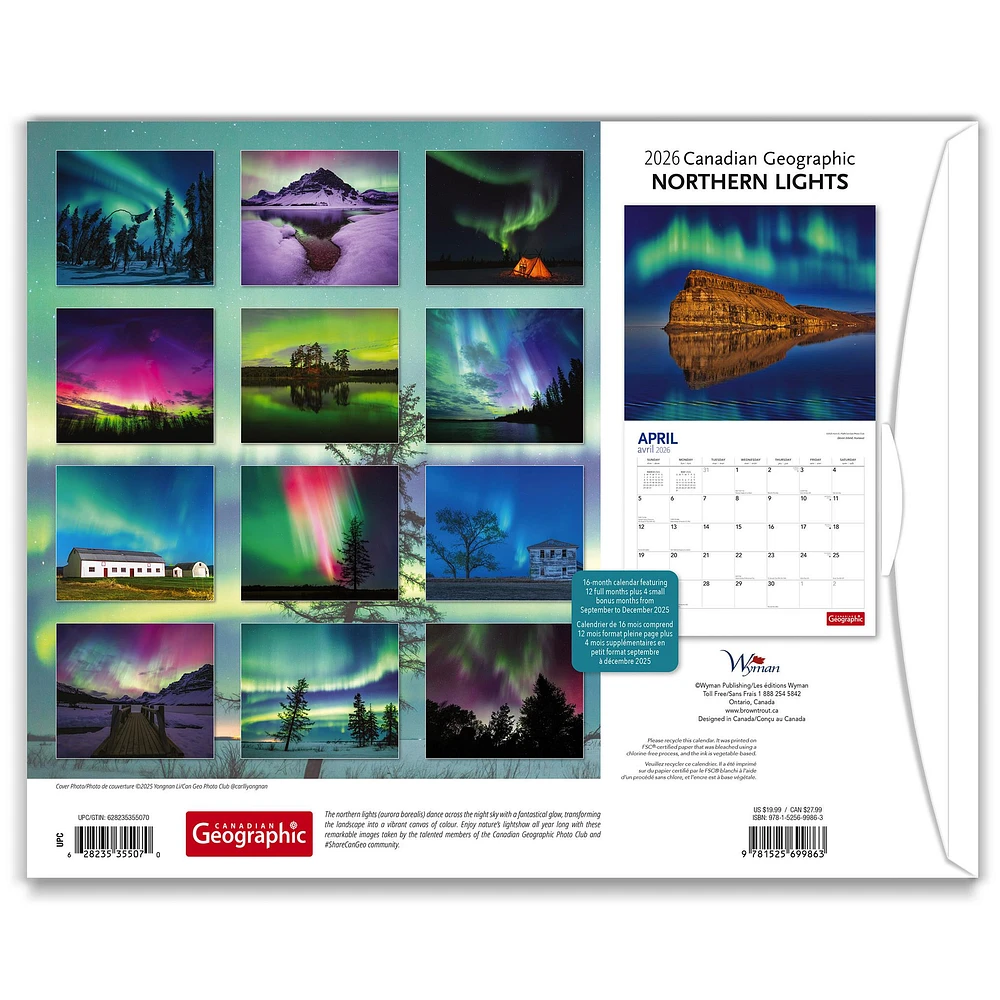 Canadian Geographic Northern Lights 2026 Wall Calendar