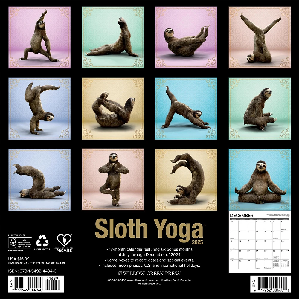 Sloth Yoga Wall 2025 Calendar