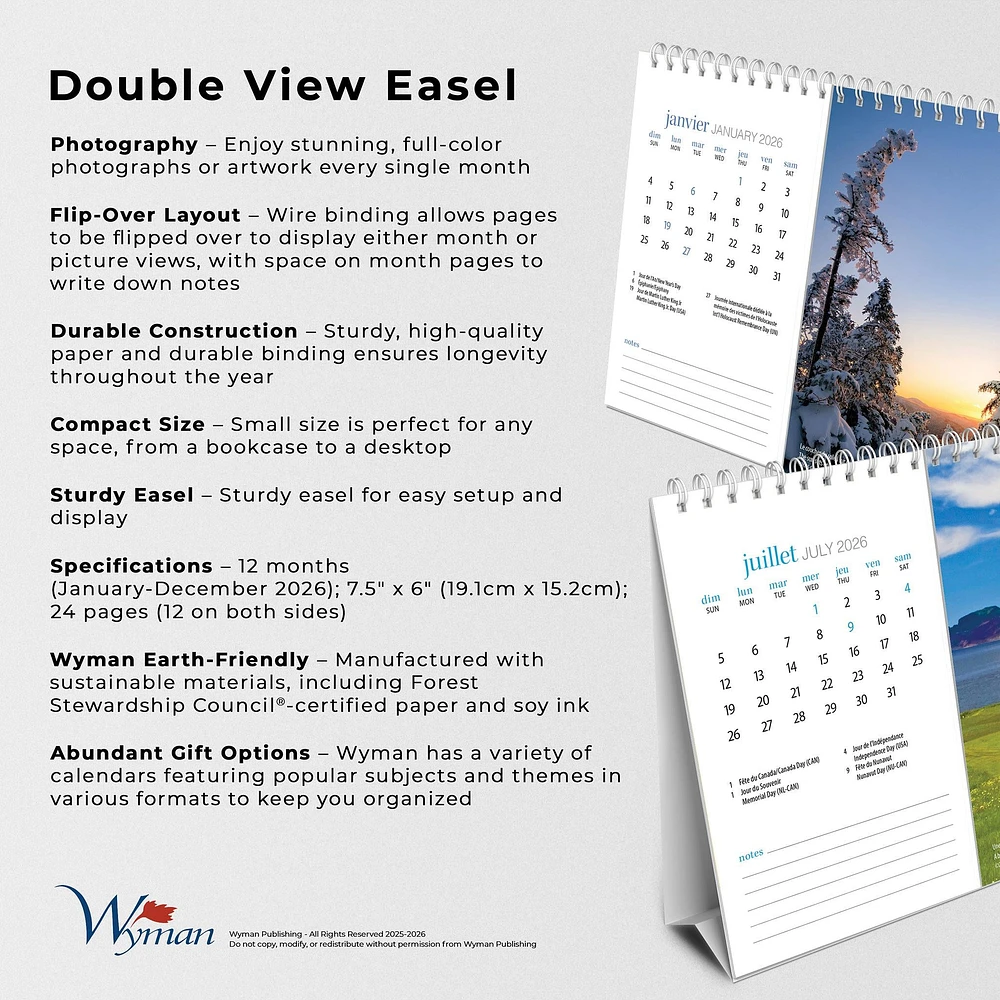 Quebec 2026 Double View Easel Calendar (French)