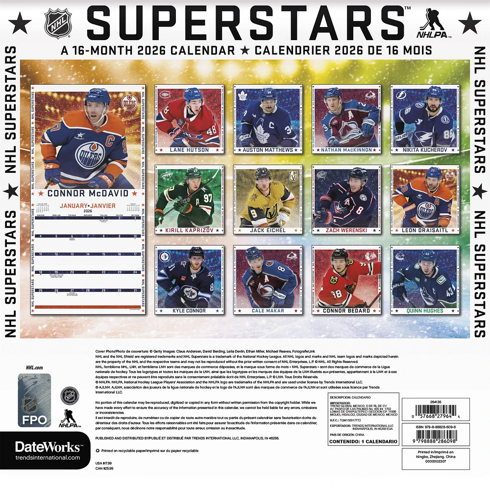 NHL Superstars Bilingual 2026 Wall Calendar