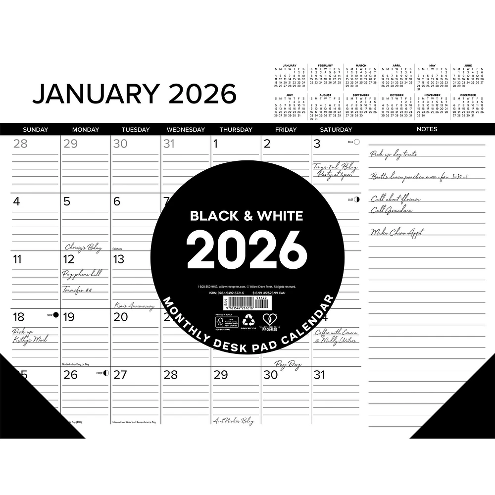 Black And White 2026 Desk Pad Calendar