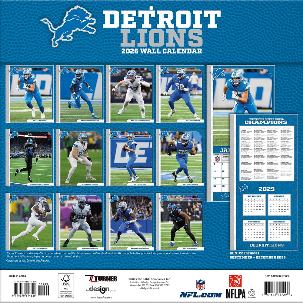 NFL Detroit Lions 2026 Wall Calendar