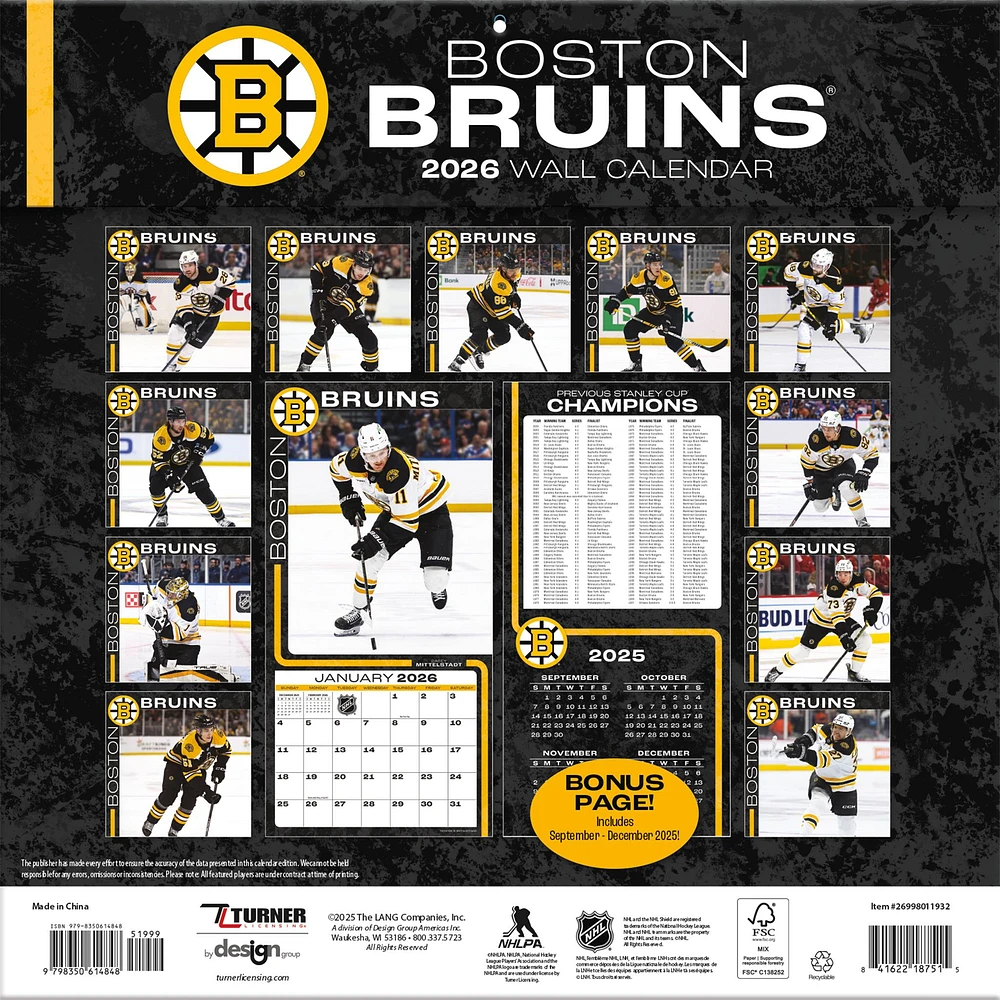 NHL Boston Bruins 2026 Wall Calendar
