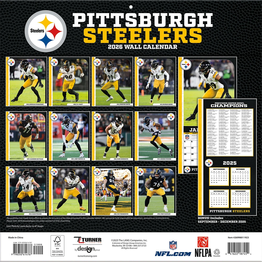 NFL Pittsburgh Steelers 2026 Wall Calendar
