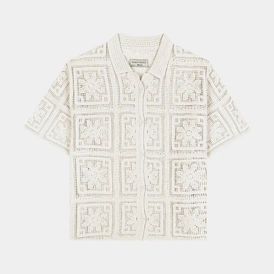 Flower Crochet Button Up Mens Short Sleeve Shirt (Beige)