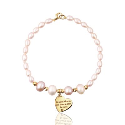 Pulsera perla rosa charm poema corazón mamá dorado