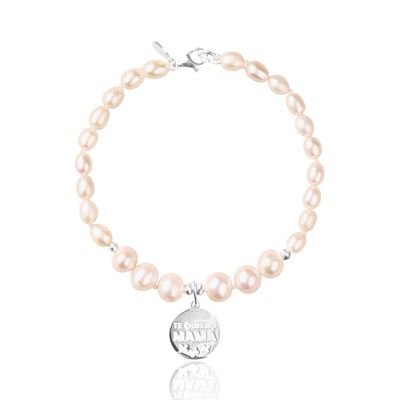 Pulsera perla blanca charm círculo mariposas mamá plata