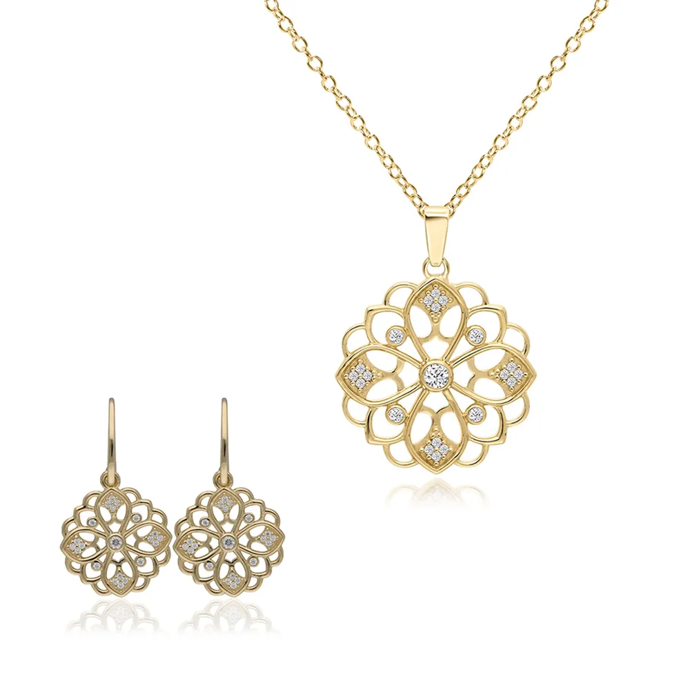 Set Anamora 2 Piezas Mandala Aretes Con Dije Flor Baño de Oro