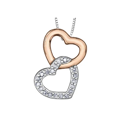 10k Rose & White Gold Diamond Double Heart Necklace