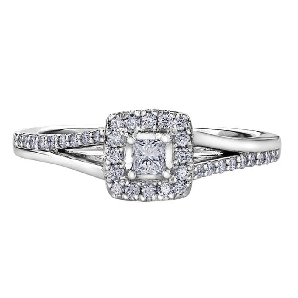 10k White Gold Canadian Princess Cut Diamond Halo Engagement Ring