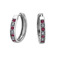 10k White Gold Diamond & Ruby Huggie Earrings