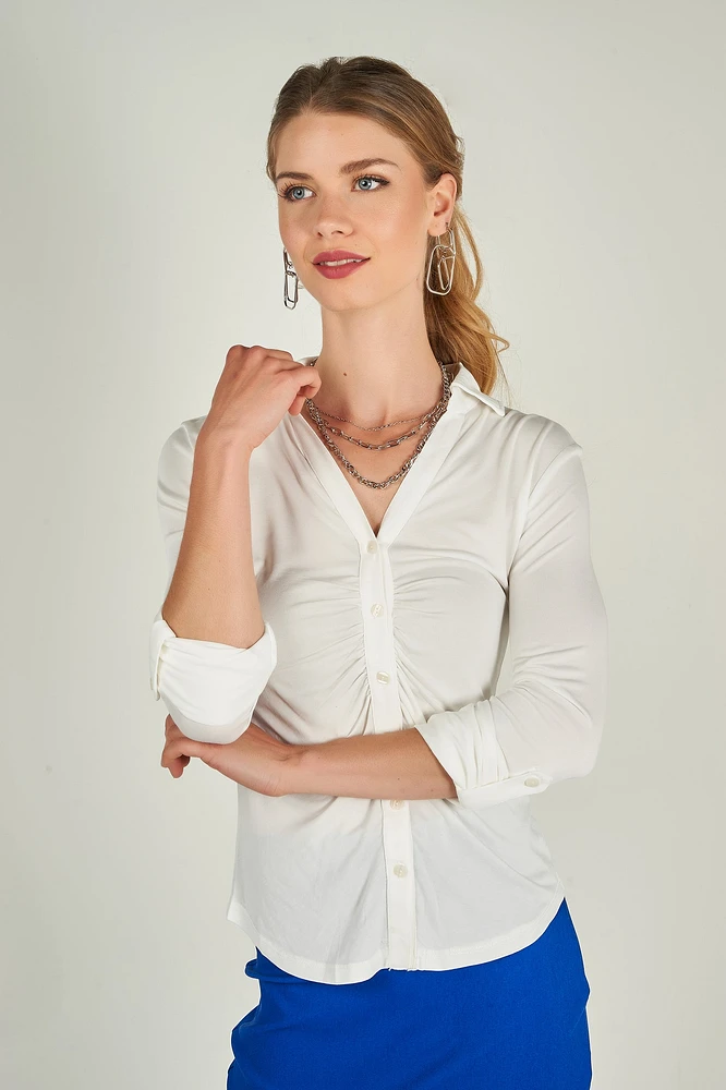 Blouse froncée à manches trois-quarts - LEONCIA-V2 (E-B16) VENTE FINALE