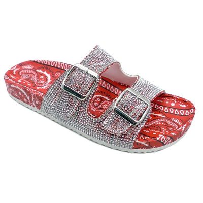 Wild Diva Audrina-06F Red Bandana Double Strap Rhinestone Jelly Sandals