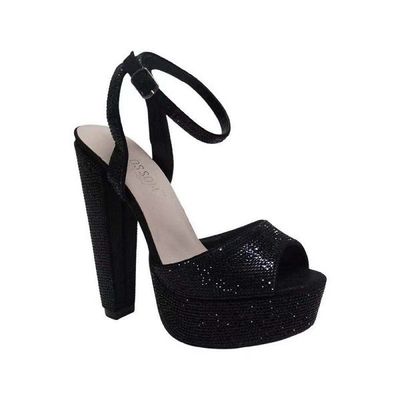 De Blossom Duncan-8 Black Shimmer Open Toe Ankle Wrap Block Heel