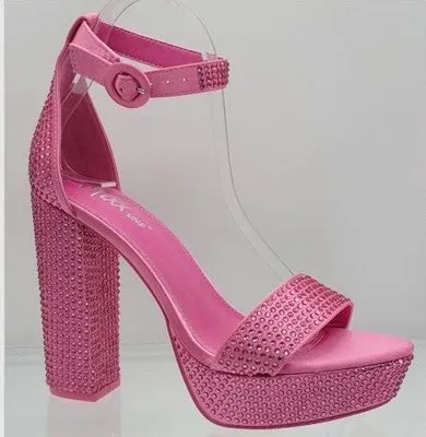 Mixx Shuz Isabella Fuchsia Embellished Open Toe Block Heeled Heels