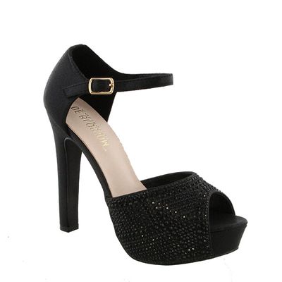 De Blossom Miya-303 Black Shimmer Open Toe Platform Ankle Strap Heels