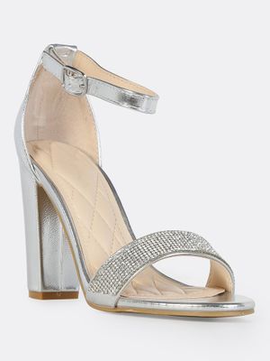 Bamboo Frenzy-54s Silver Open Toe Block Heel w/ Ankle Strap