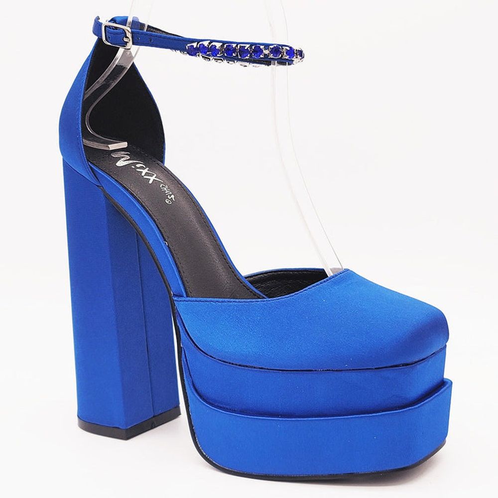 Mixx Shuz Elsa Royal Blue Satin Platform Heels With Jewel Ankle Strap