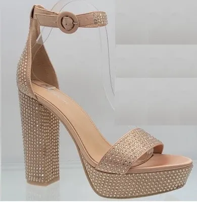 Mixx Shuz Isabella Nude Embellished Open Toe Block Heeled Heels