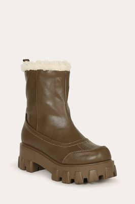 Lemonade Tripper Khaki Leather Fur Lined Lug Bootie