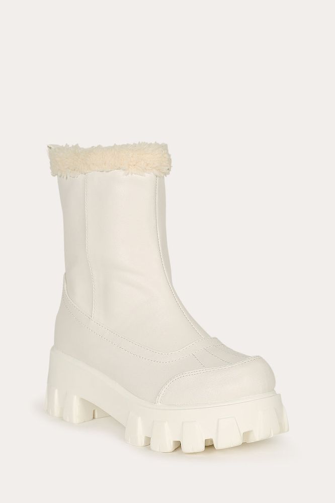 Lemonade Tripper White Leather Fur Lined Lug Bootie