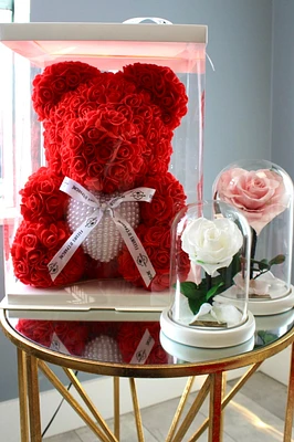 Medium Bear and Glass Rose Dome Combo