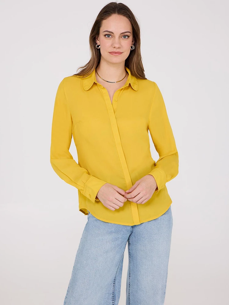 Button-Front Blouse with Tonal Trim Detail