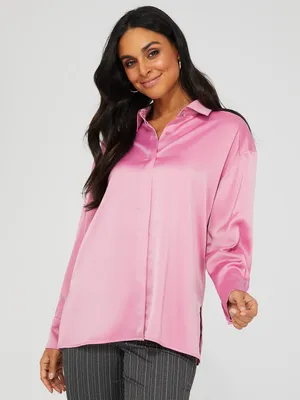 Oversized Satin Button-Front Blouse, Withered Rose /
