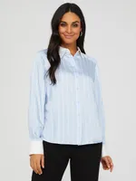 Striped Satin Button-Front Blouse, Lt Blue /