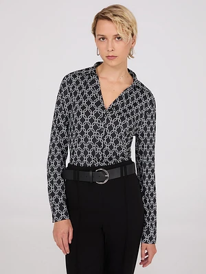 Chain Print Split Neck Button-Down Blouse