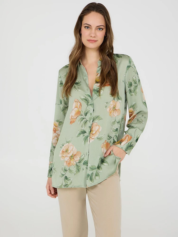 Floral Print Textured Chiffon Tunic Blouse