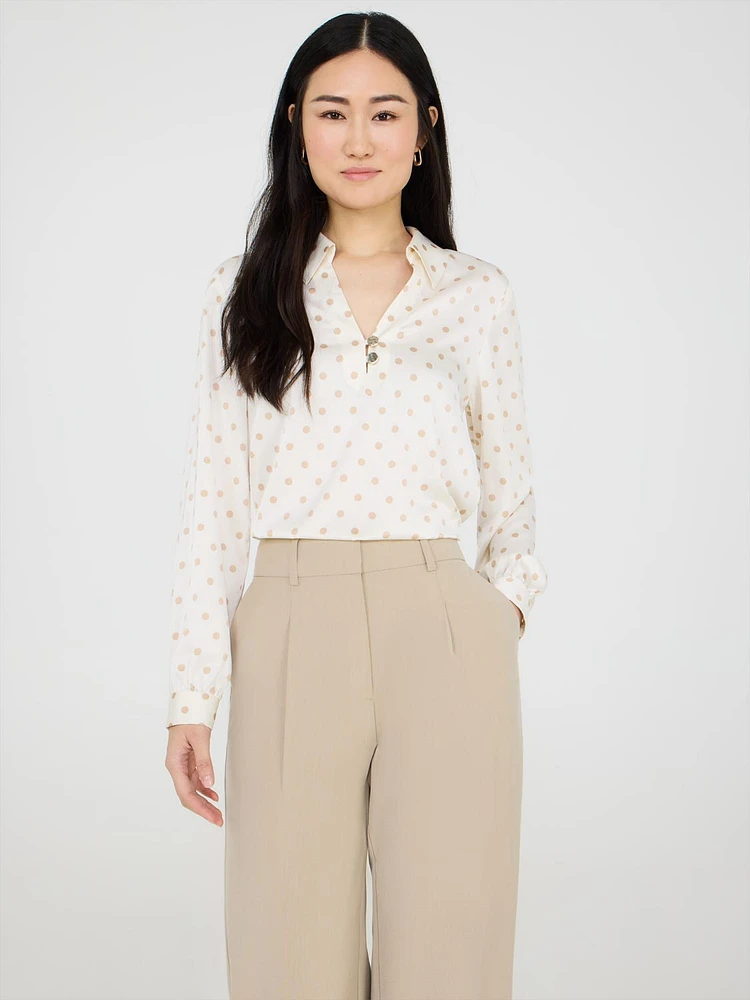 Dot Print Split Collar Satin Blouse