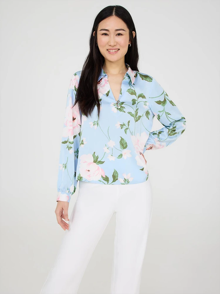 Floral Print Split Collar Satin Blouse