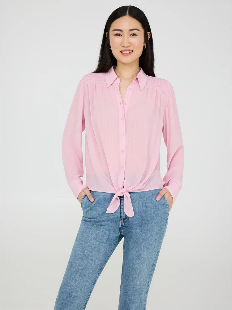 Button-Front Blouse With Tie Front