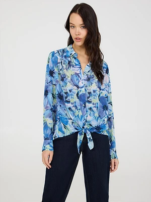 Printed Button-Front Blouse With Tie Front