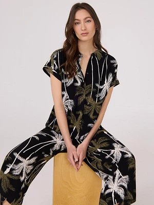 Chemise de bowling boutonnée avec imprimé palmiers