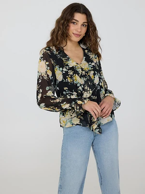 Floral Print Ruffle V-Neck Popover Blouse