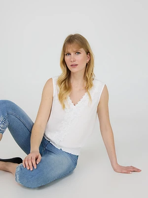 Sleeveless V-Neck Top With Floral Embroidery
