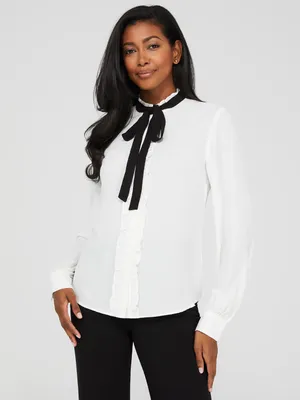 Button-Front Ruffle Bow Blouse, Pearl /
