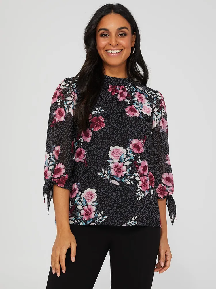 Floral Print Chiffon Mock Neck Blouse, Black /