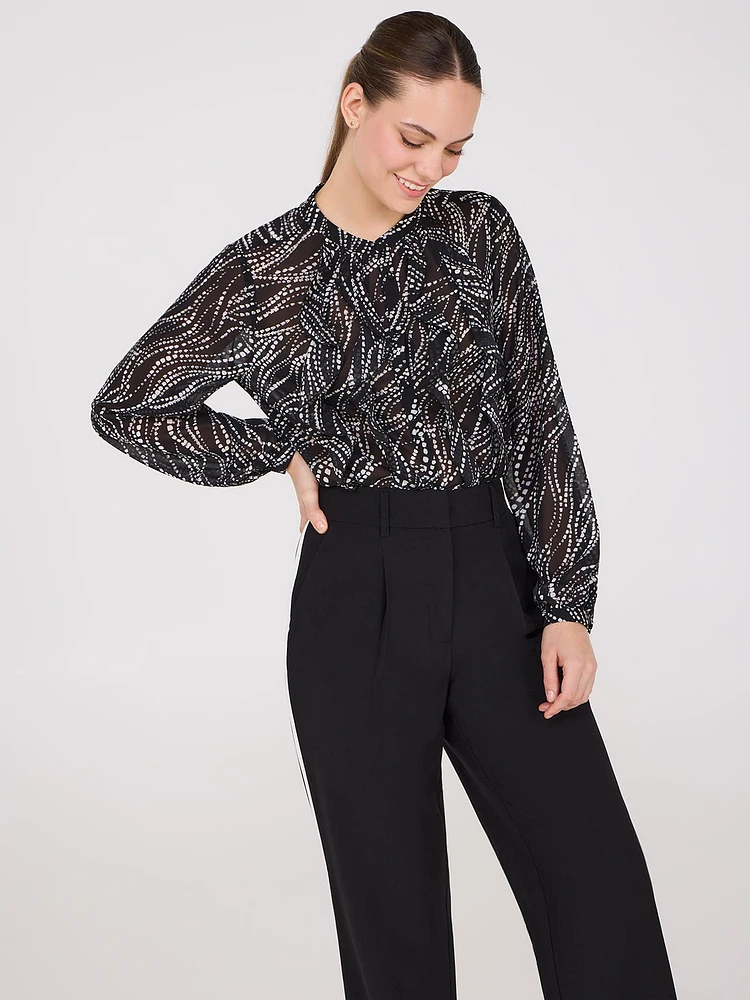 Printed Ruffle Button-Front Blouse