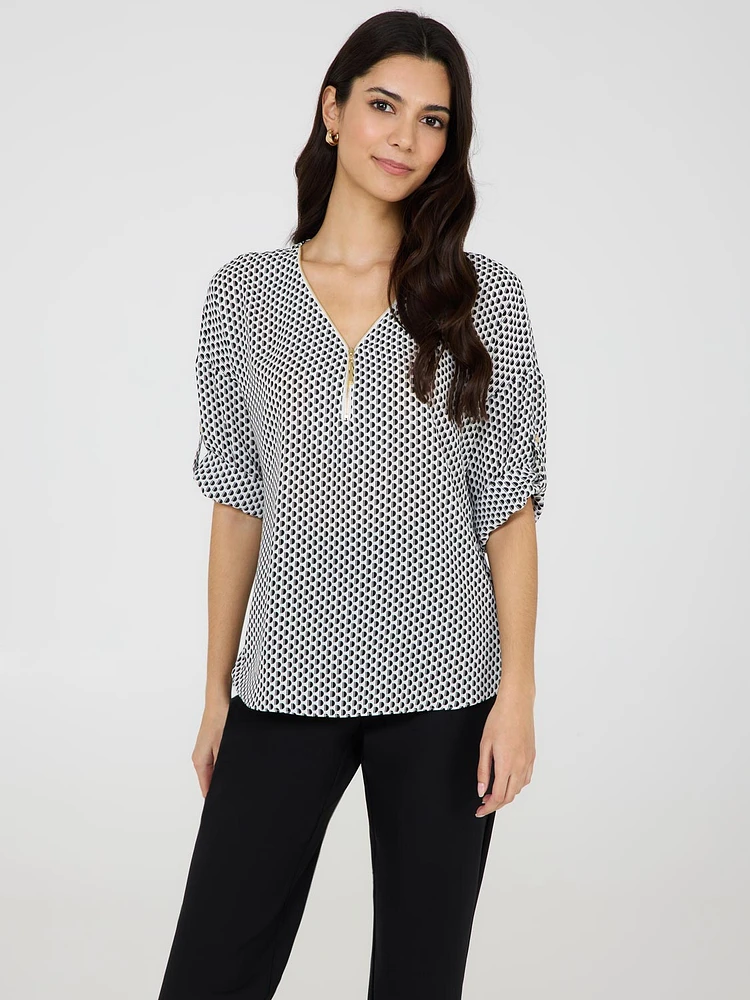 Geo Zip Front V-Neck Top