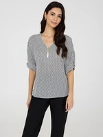 Geo Zip Front V-Neck Top