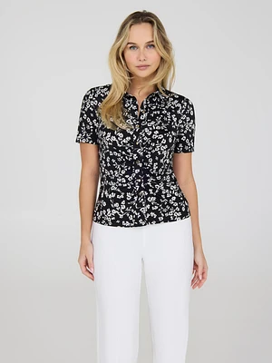 Ditsy Print Ruched Button-Front Blouse