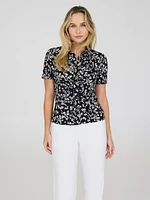 Ditsy Print Ruched Button-Front Blouse