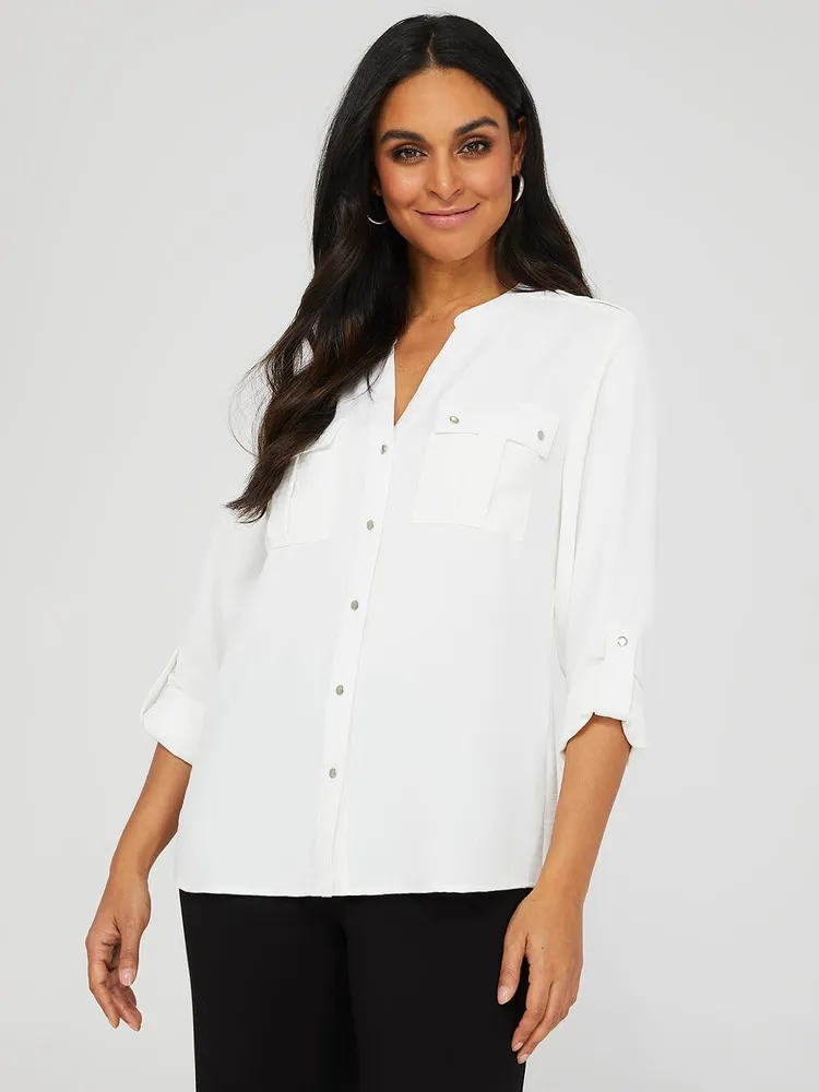 Textured Split Neck Blouse With Shoulder Tabs, /