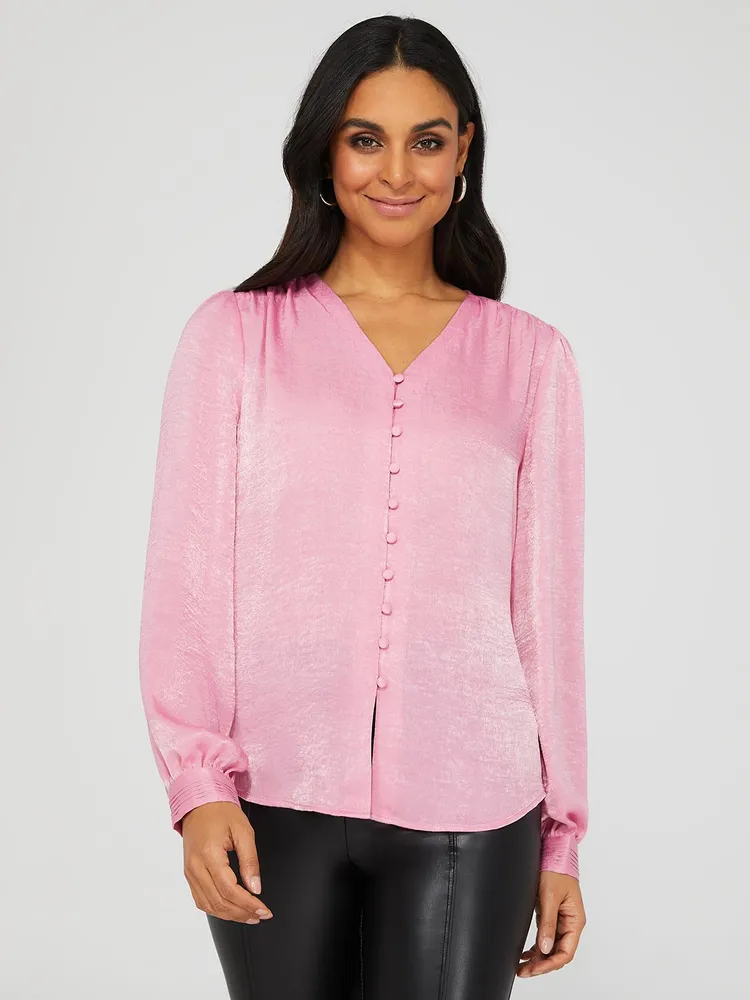 Satin V-Neck Button-Front Blouse