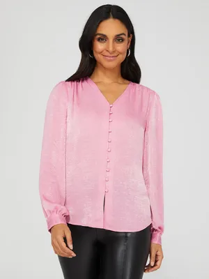 Satin V-Neck Button-Front Blouse, Withered Rose /